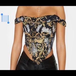 Black Baroque Print Woven Corset Bardot Top